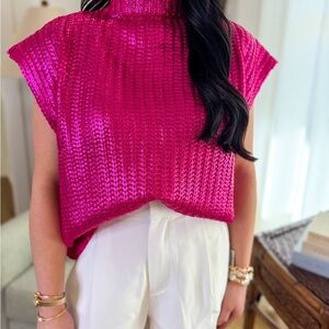 Women's Pink Metallic Short Sleeve Sweater